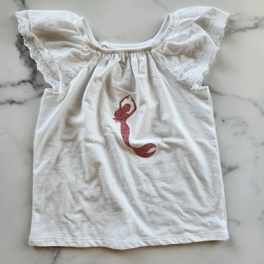 Cat & Jack mermaid rose gold glitter eyelet flutter sleeve girls small 6/7 white